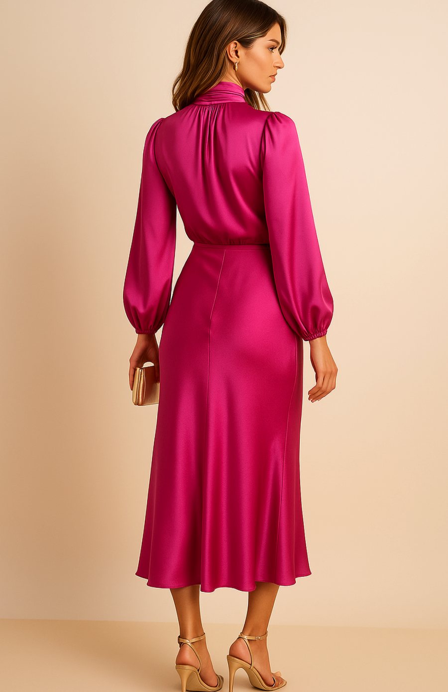 Women's High-Waist Mock-Neck Satin Midi Dress