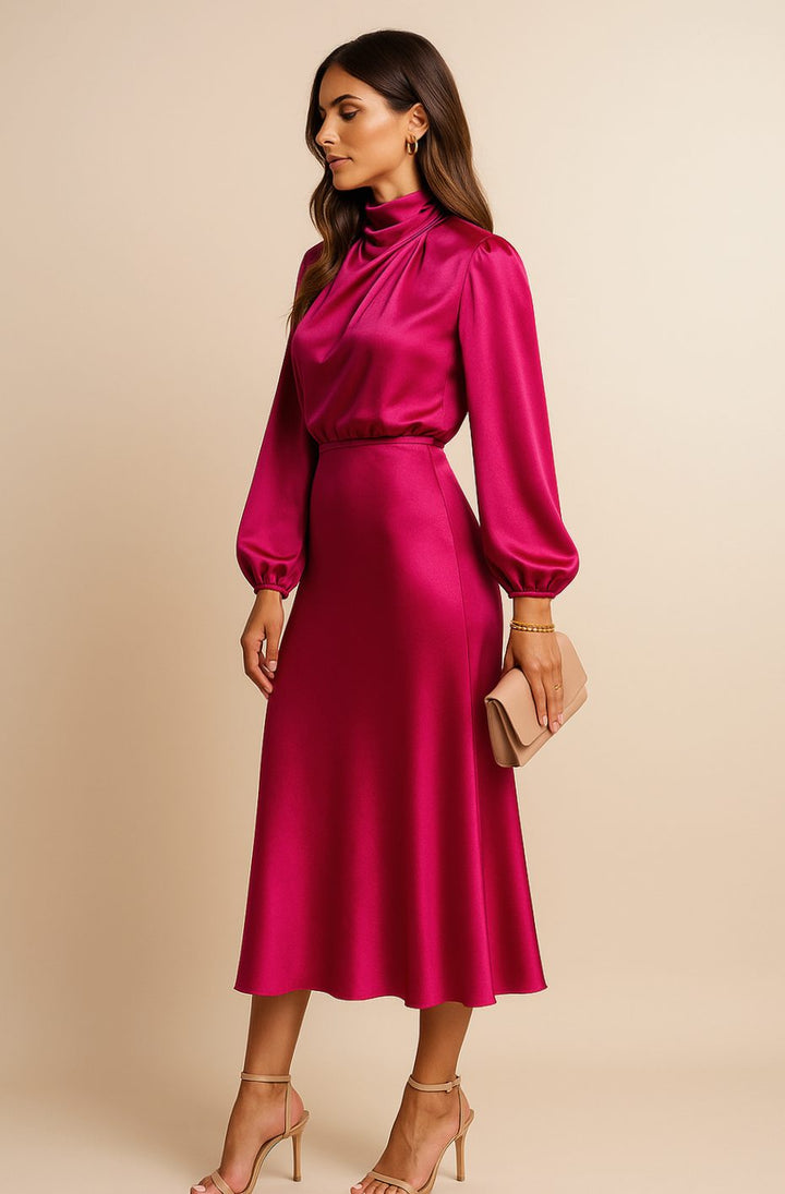 Women's High-Waist Mock-Neck Satin Midi Dress