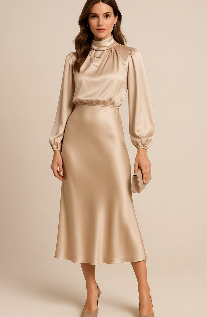 Women's High-Waist Mock-Neck Satin Midi Dress
