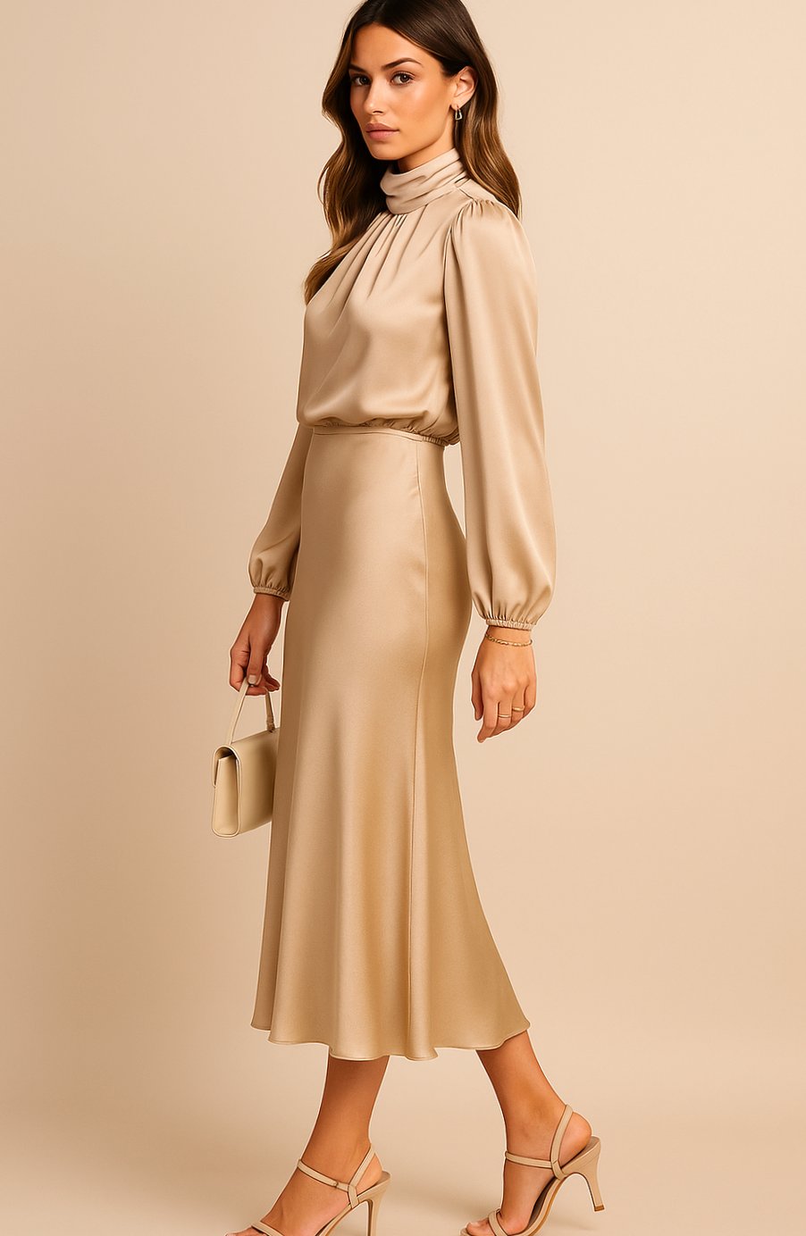 Women's High-Waist Mock-Neck Satin Midi Dress
