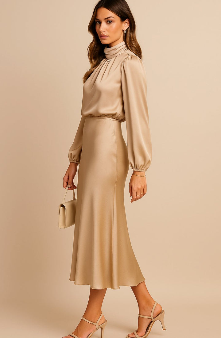 Women's High-Waist Mock-Neck Satin Midi Dress