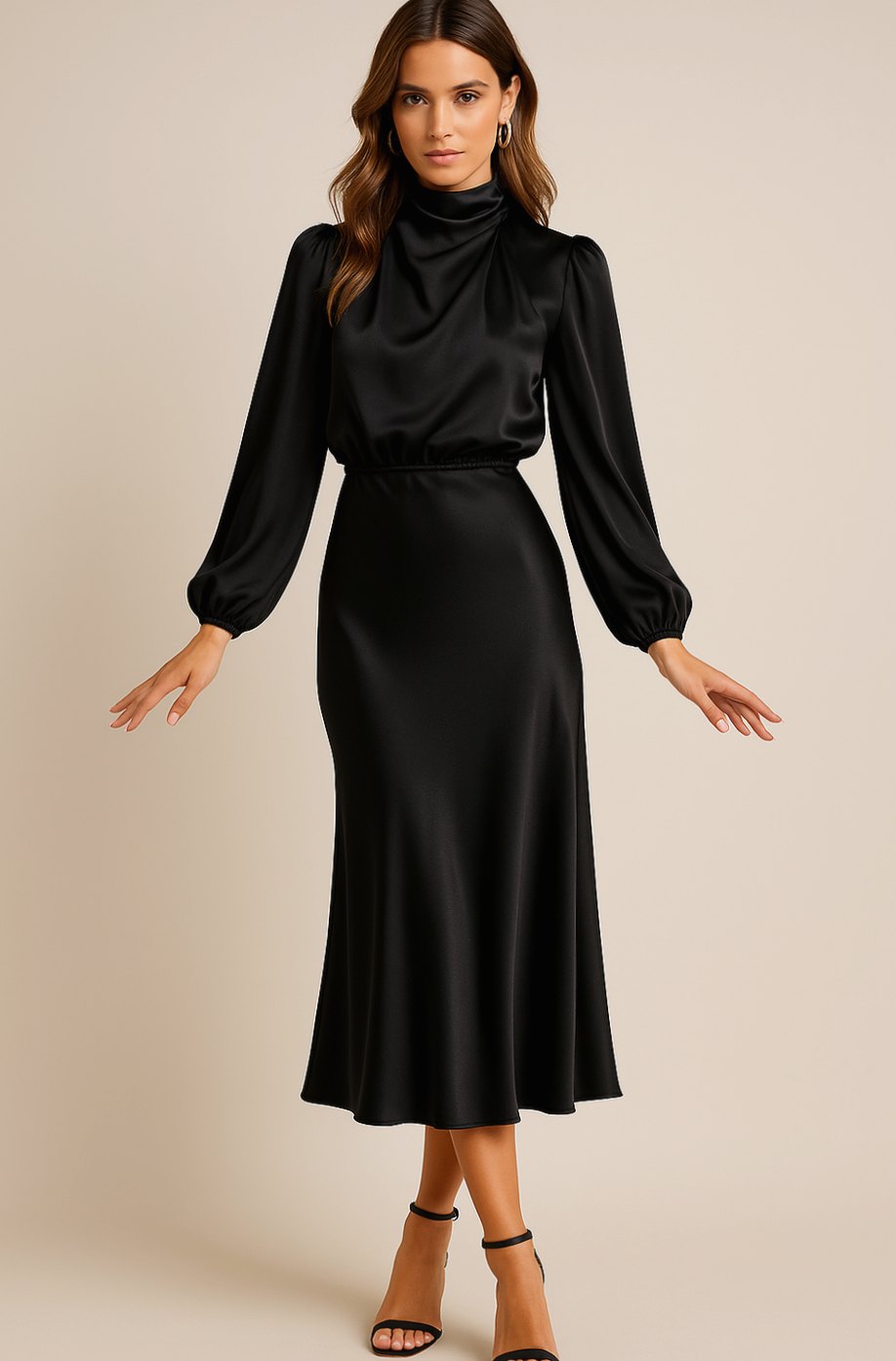 Women's High-Waist Mock-Neck Satin Midi Dress