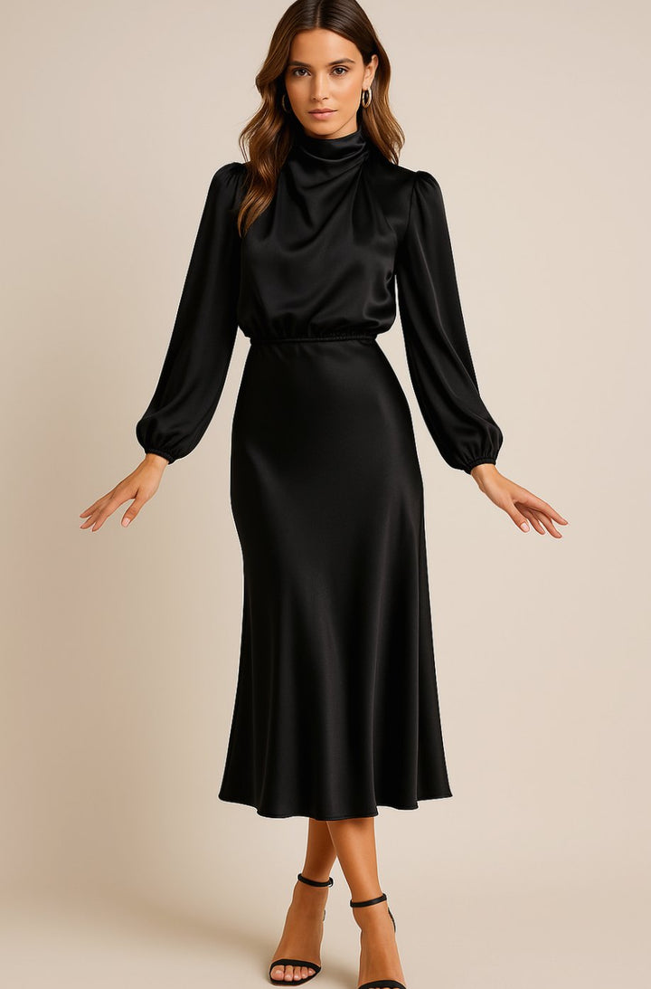 Women's High-Waist Mock-Neck Satin Midi Dress