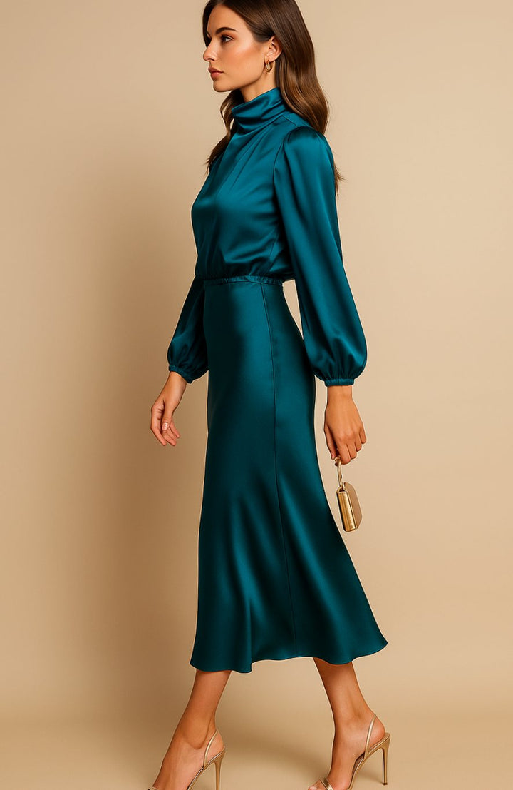 Women's High-Waist Mock-Neck Satin Midi Dress