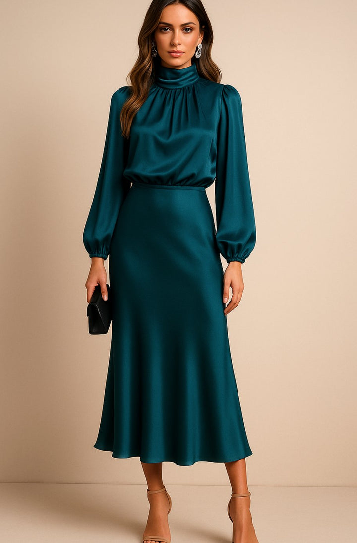 Women's High-Waist Mock-Neck Satin Midi Dress