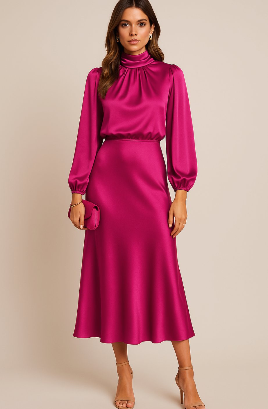 Women's High-Waist Mock-Neck Satin Midi Dress