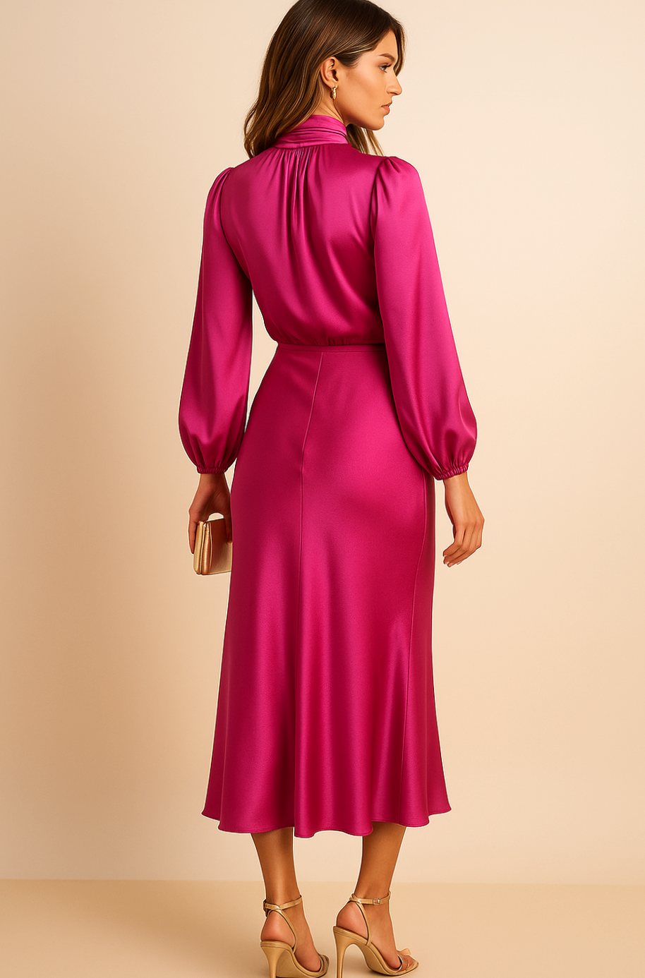 Women's High-Waist Mock-Neck Satin Midi Dress