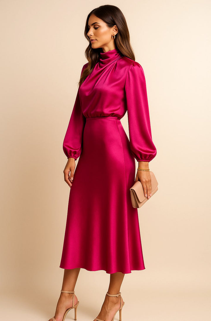 Women's High-Waist Mock-Neck Satin Midi Dress