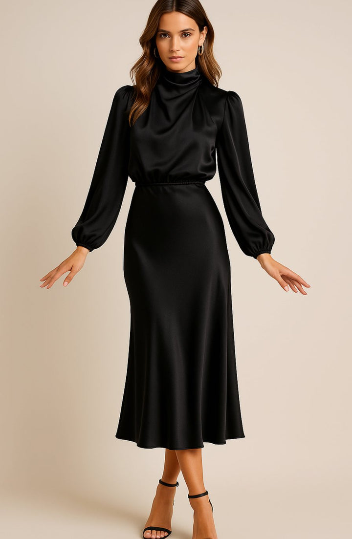 Women's High-Waist Mock-Neck Satin Midi Dress
