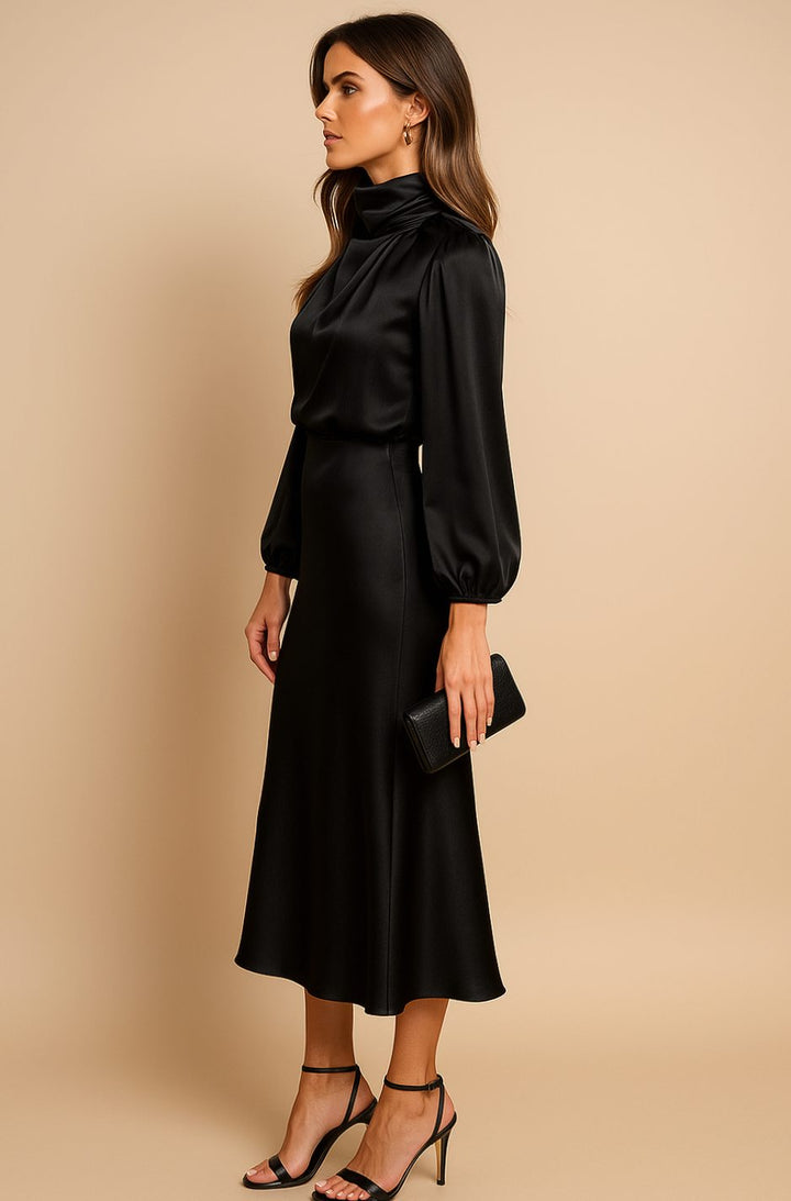Women's High-Waist Mock-Neck Satin Midi Dress