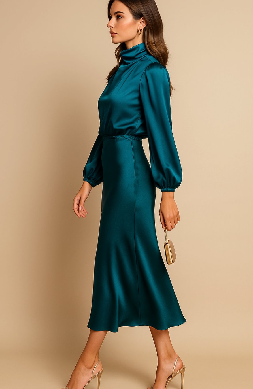 Women's High-Waist Mock-Neck Satin Midi Dress