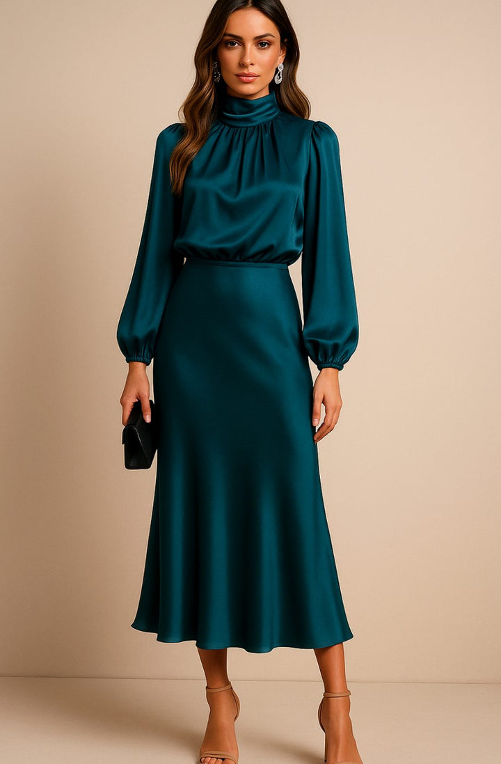Women's High-Waist Mock-Neck Satin Midi Dress