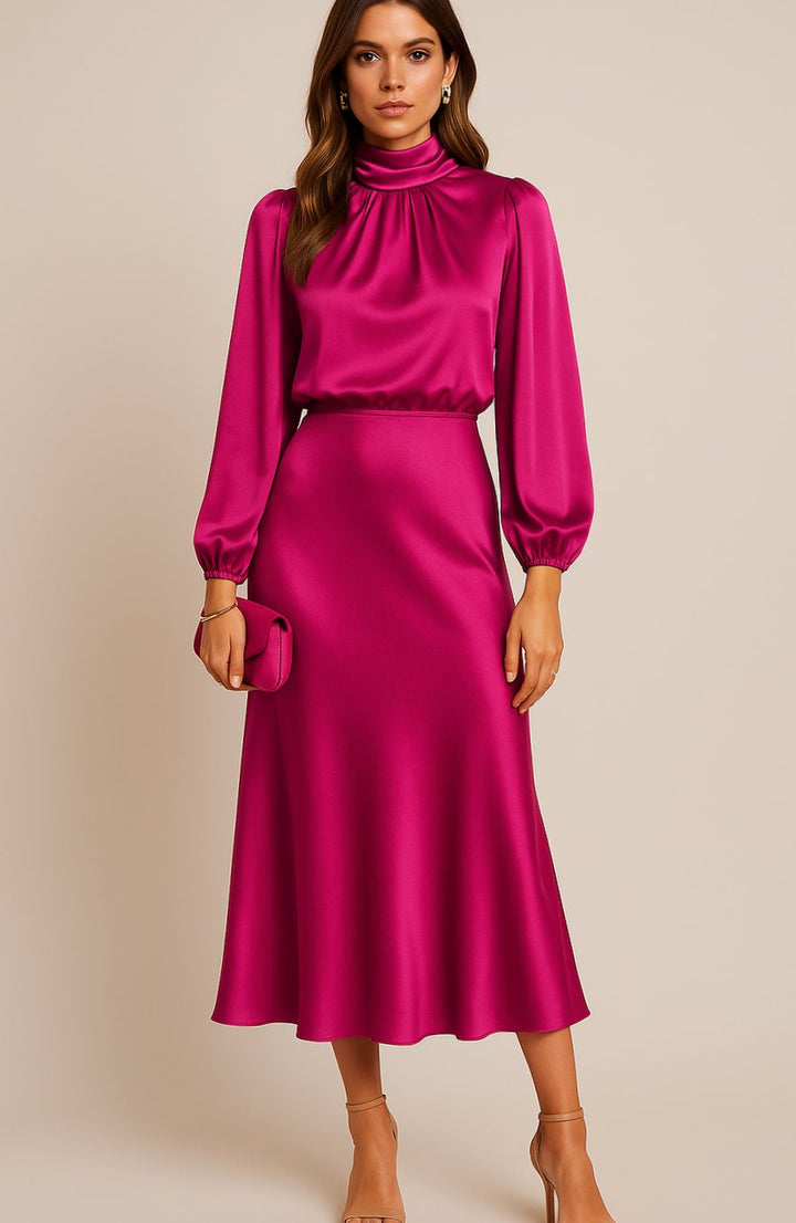 Women's High-Waist Mock-Neck Satin Midi Dress
