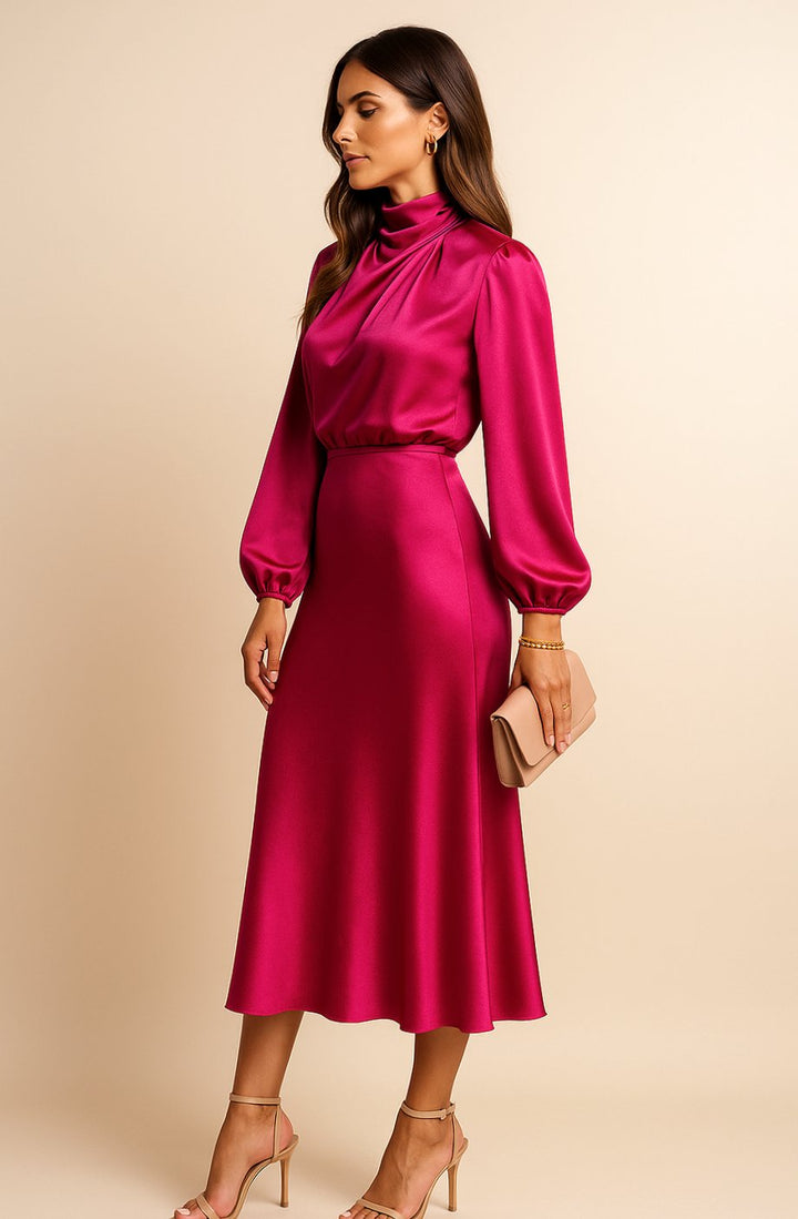 Women's High-Waist Mock-Neck Satin Midi Dress