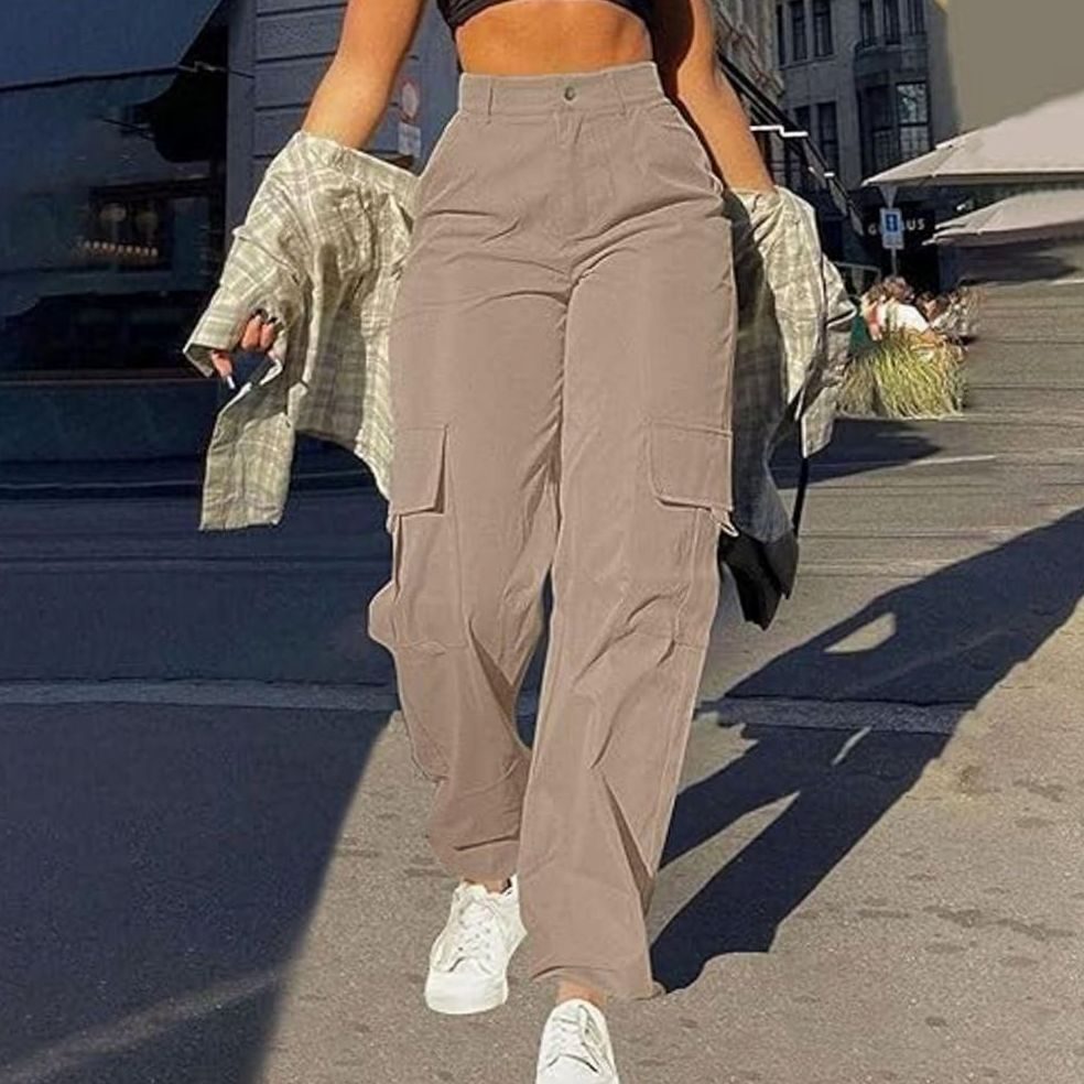 Women's High-Waist Wide-Leg Cargo Trousers Flap-Pocket - Khaki