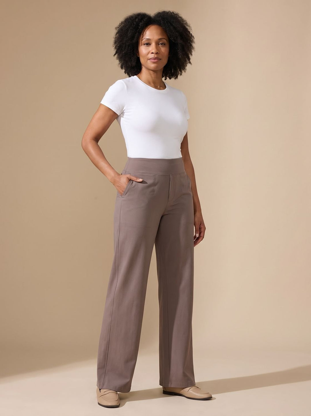 Women's High-Waist Wide-Leg Stretch Pants Pockets - Taupe