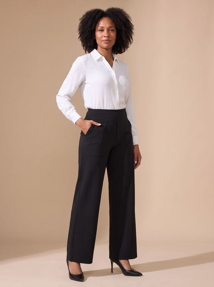 Women's High-Waist Wide-Leg Stretch Pants Pockets - Black