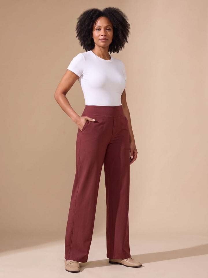 Women's High-Waist Wide-Leg Stretch Pants Pockets - Red