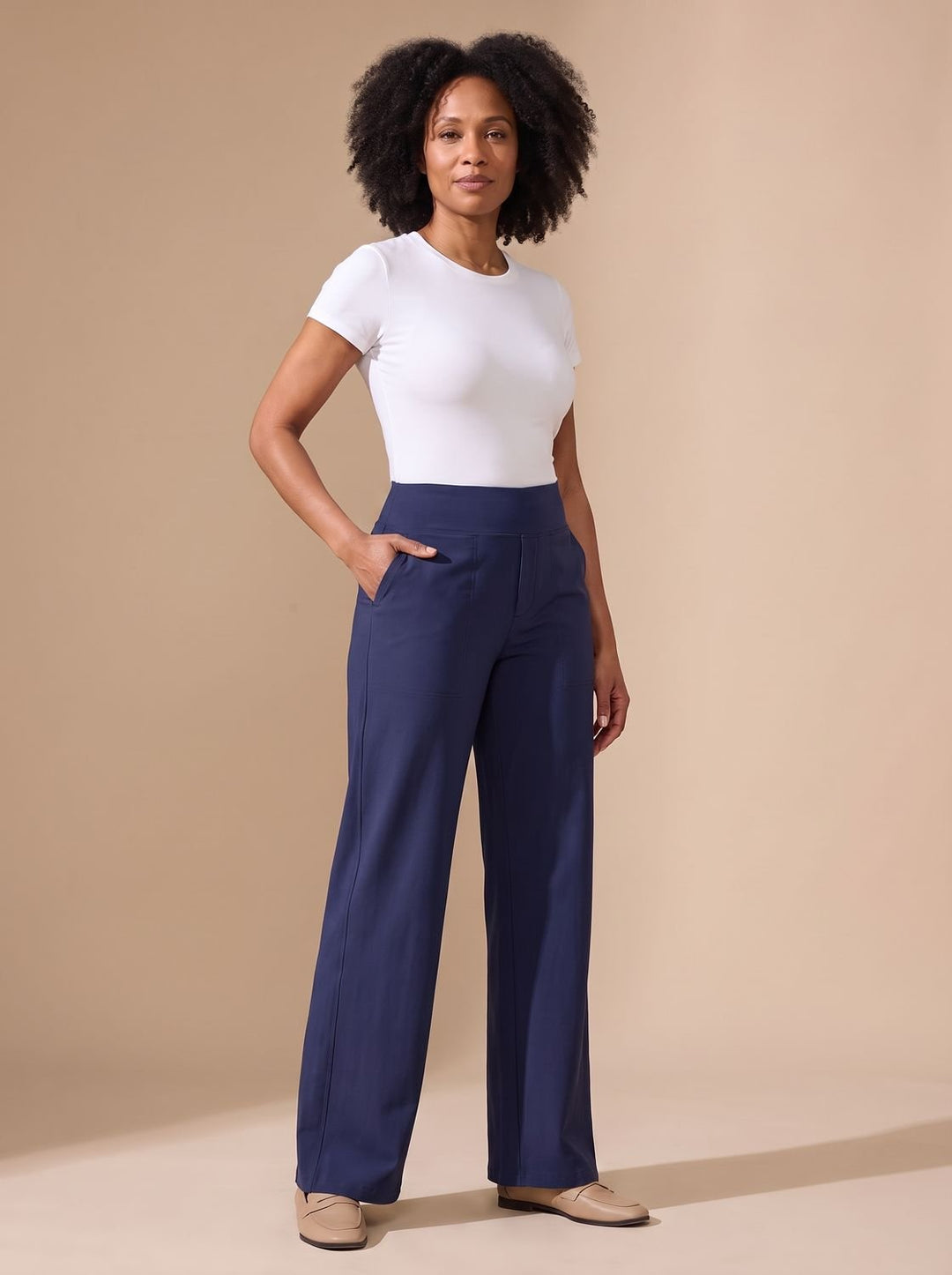 Women's High-Waist Wide-Leg Stretch Pants Pockets - Blue