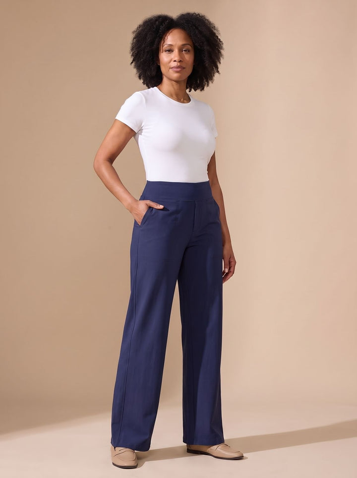 Women's High-Waist Wide-Leg Stretch Pants Pockets - Blue