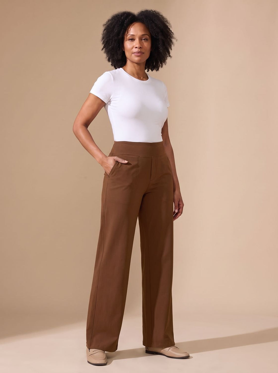 Women's High-Waist Wide-Leg Stretch Pants Pockets - Brown