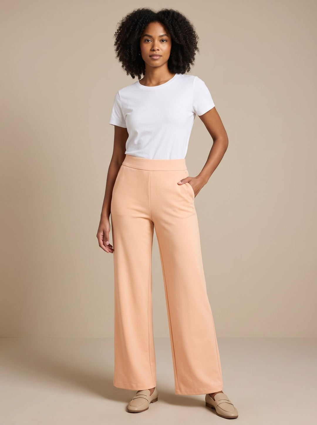 Women's High-Waist Wide-Leg Stretch Pants Pockets - Apricot