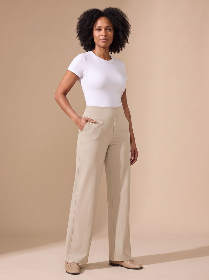 Women's High-Waist Wide-Leg Stretch Pants Pockets - Cream