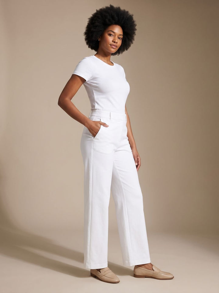 Women's High-Waist Wide-Leg Stretch Pants Pockets - White