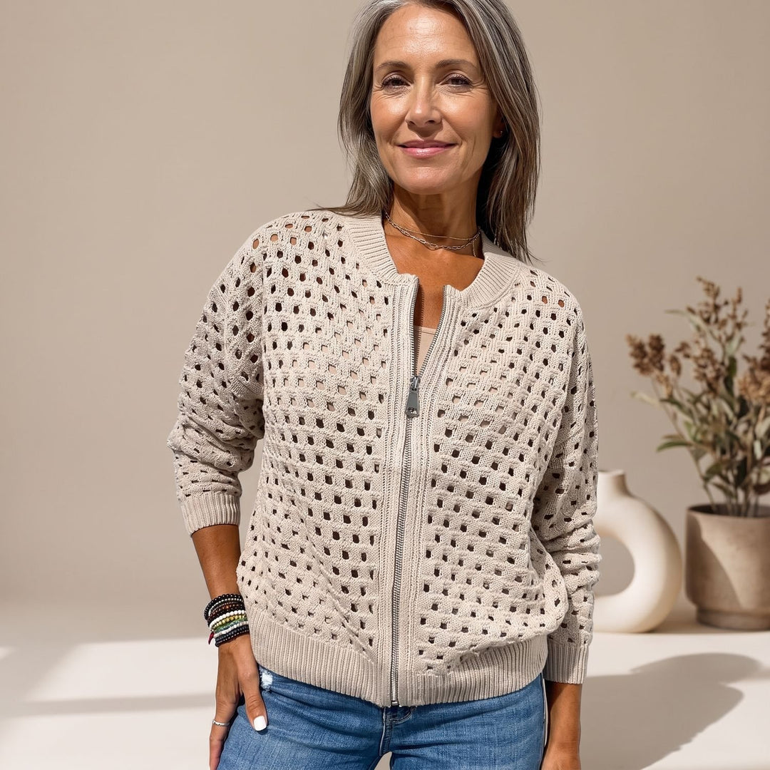 Women's Hollow-Knit Full-Zip Relaxed Cardigan Sweater - Beige