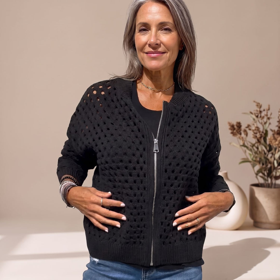 Women's Hollow-Knit Full-Zip Relaxed Cardigan Sweater - Black