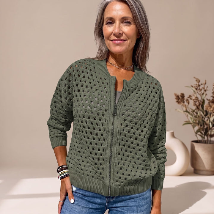 Women's Hollow-Knit Full-Zip Relaxed Cardigan Sweater - Green