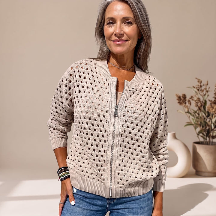 Women's Hollow-Knit Full-Zip Relaxed Cardigan Sweater - Khaki