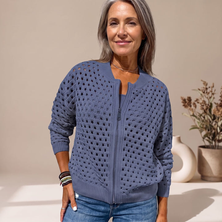 Women's Hollow-Knit Full-Zip Relaxed Cardigan Sweater - Blue