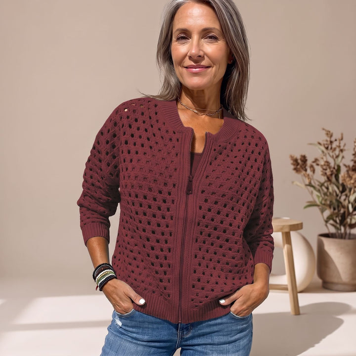 Women's Hollow-Knit Full-Zip Relaxed Cardigan Sweater - Burgundy