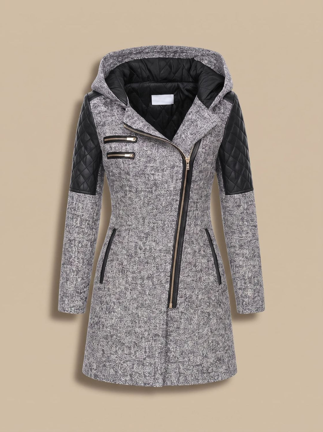 Women's Hooded Asymmetric-Zip Quilted-Panel Wool-Blend Coat - Light Gray