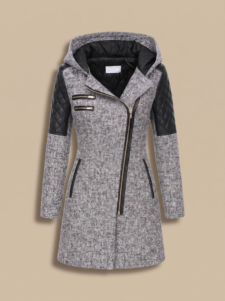 Women's Hooded Asymmetric-Zip Quilted-Panel Wool-Blend Coat - Light Gray