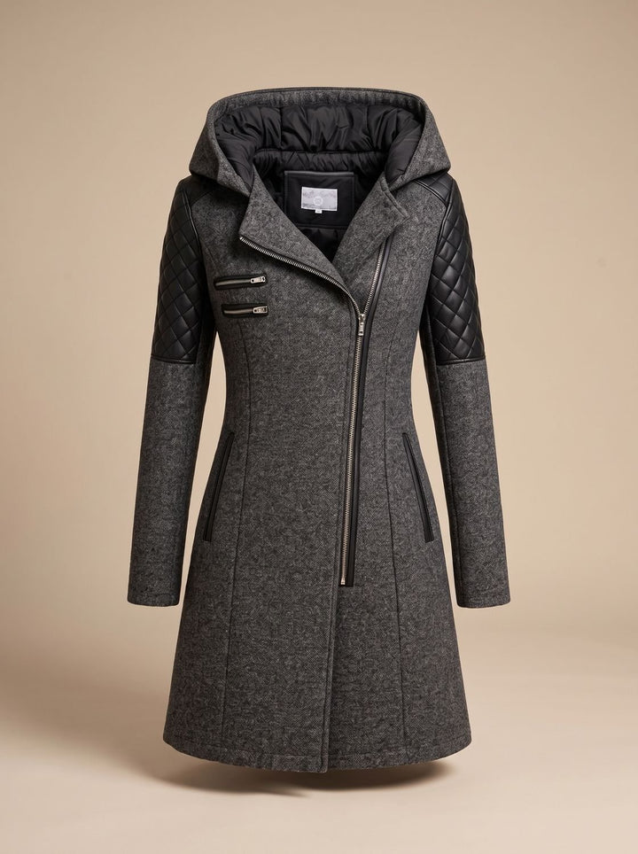 Women's Hooded Asymmetric-Zip Quilted-Panel Wool-Blend Coat - Dark Gray