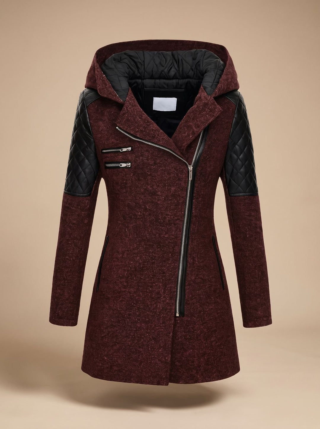 Women's Hooded Asymmetric-Zip Quilted-Panel Wool-Blend Coat - Red