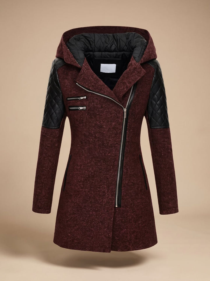 Women's Hooded Asymmetric-Zip Quilted-Panel Wool-Blend Coat - Red