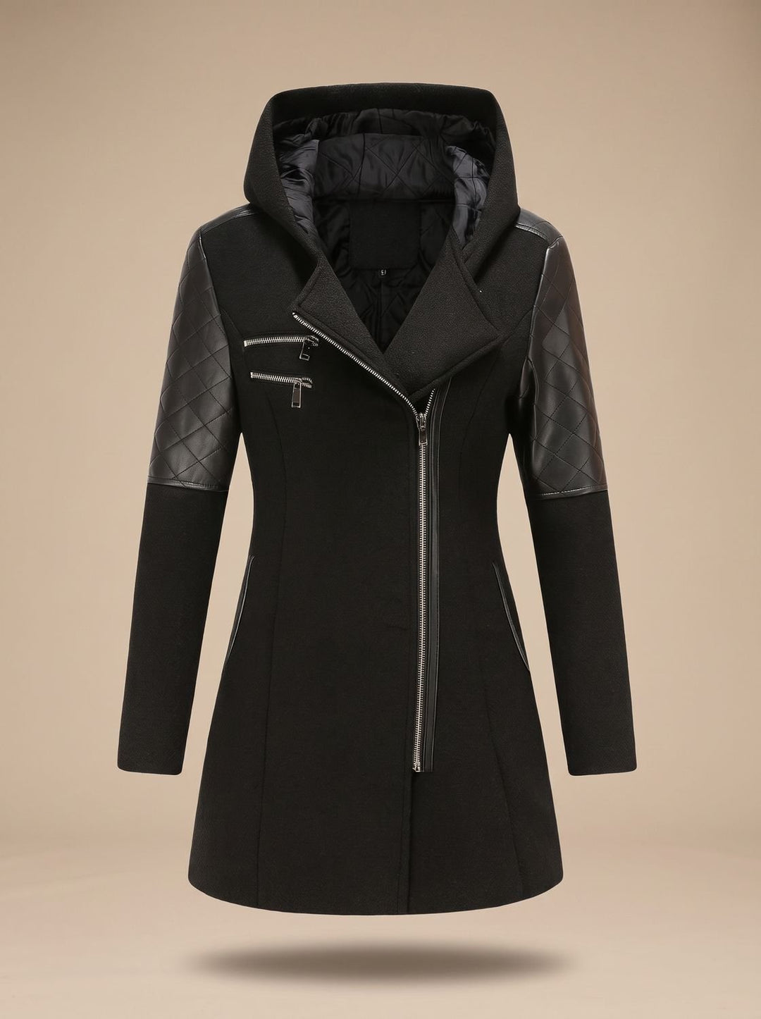 Women's Hooded Asymmetric-Zip Quilted-Panel Wool-Blend Coat - Black