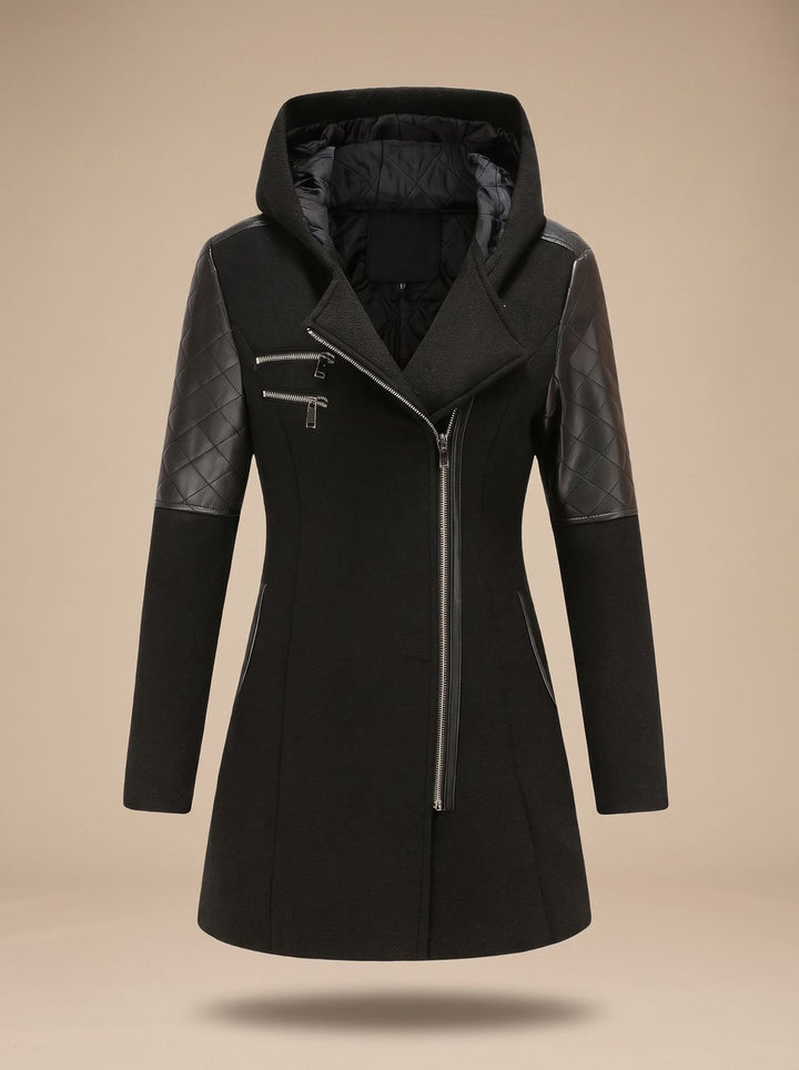Women's Hooded Asymmetric-Zip Quilted-Panel Wool-Blend Coat - Black