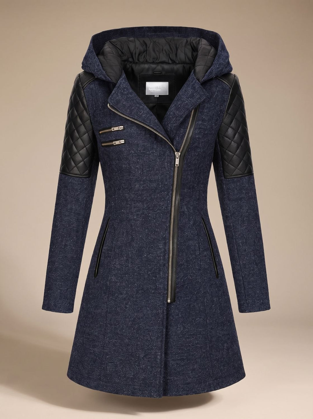 Women's Hooded Asymmetric-Zip Quilted-Panel Wool-Blend Coat - Blue