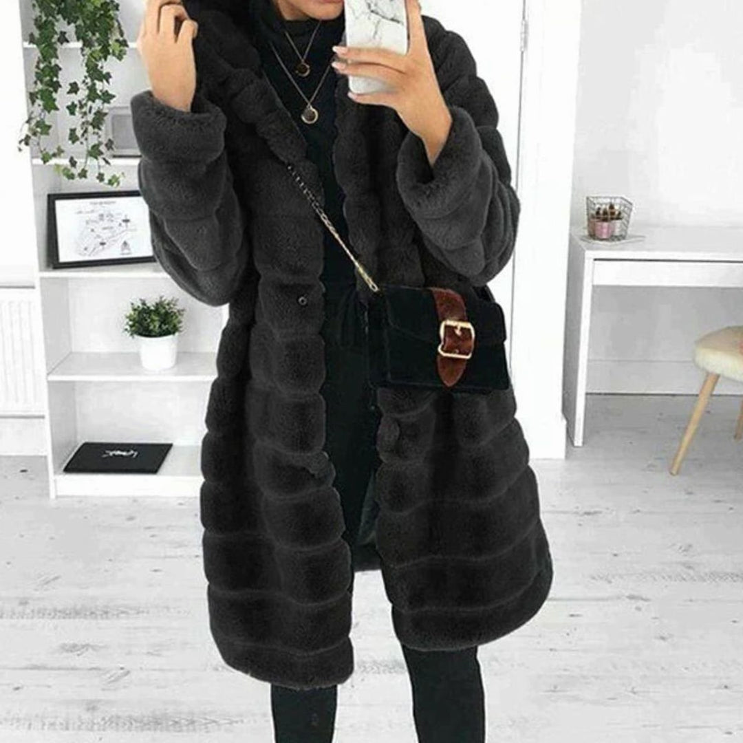 Women's Hooded Button-Down Plush Faux Fur Coat - Black