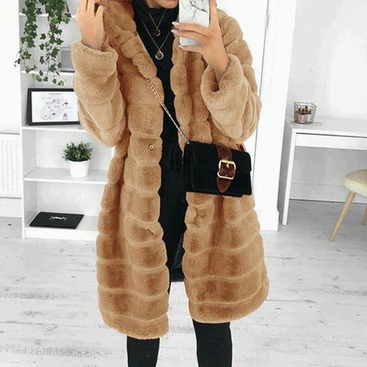 Women's Hooded Button-Down Plush Faux Fur Coat - Brown