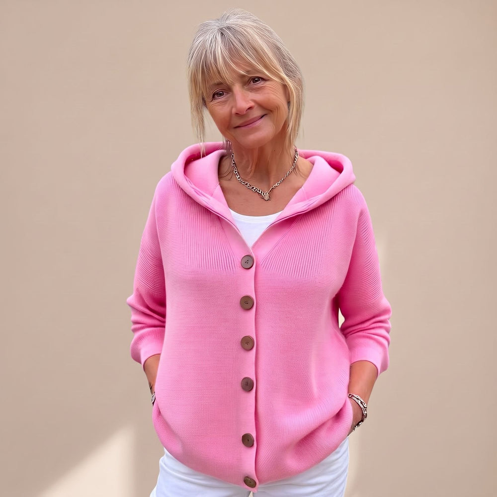 Women's Hooded Button-Front Knit Cardigan Relaxed Fit - Pink