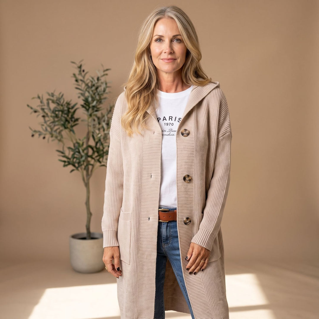 Women's Hooded Button-Front Long Ribbed Knit Cardigan - Beige