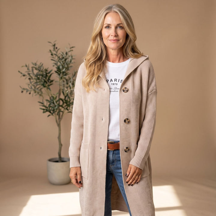 Women's Hooded Button-Front Long Ribbed Knit Cardigan - Beige