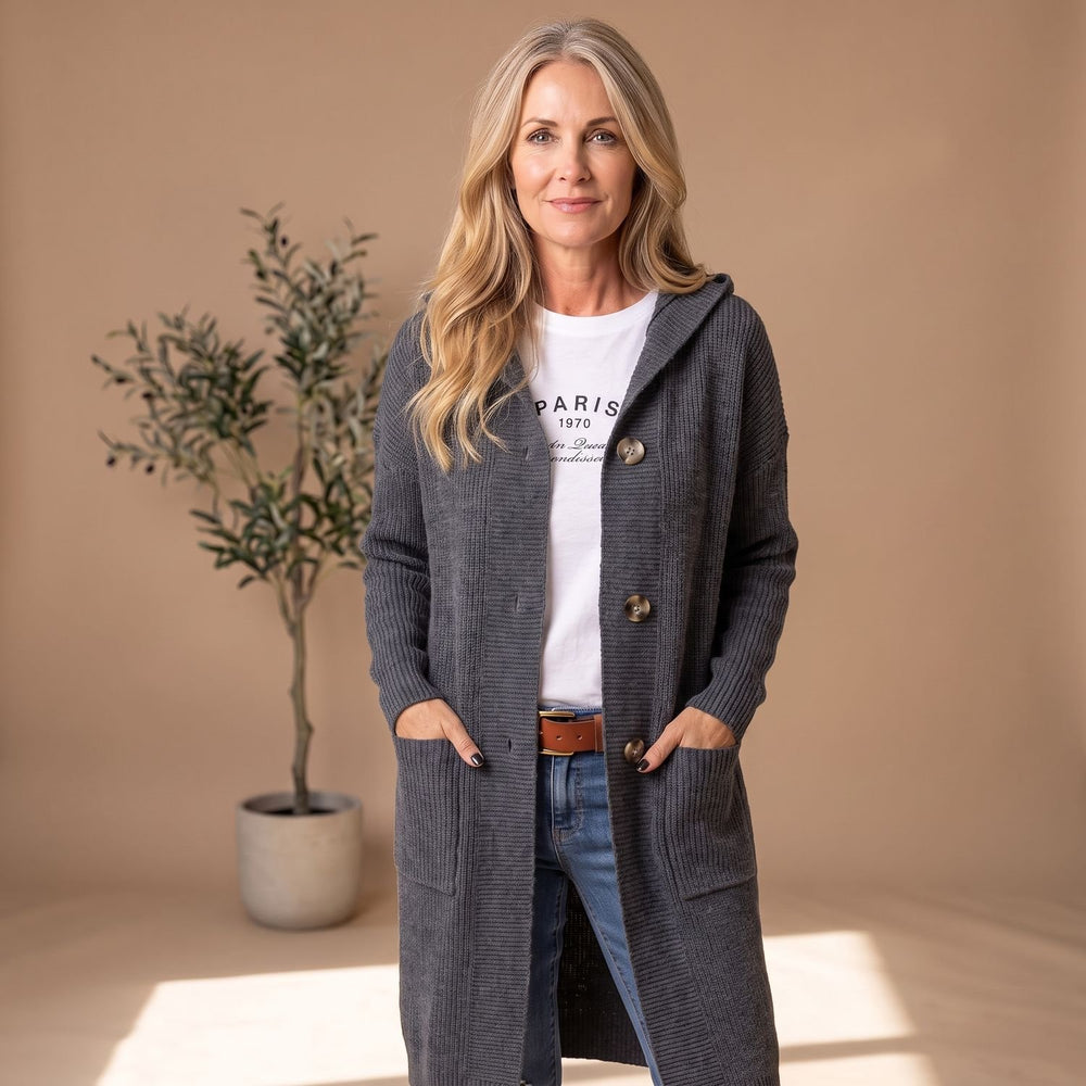 Women's Hooded Button-Front Long Ribbed Knit Cardigan - Gray