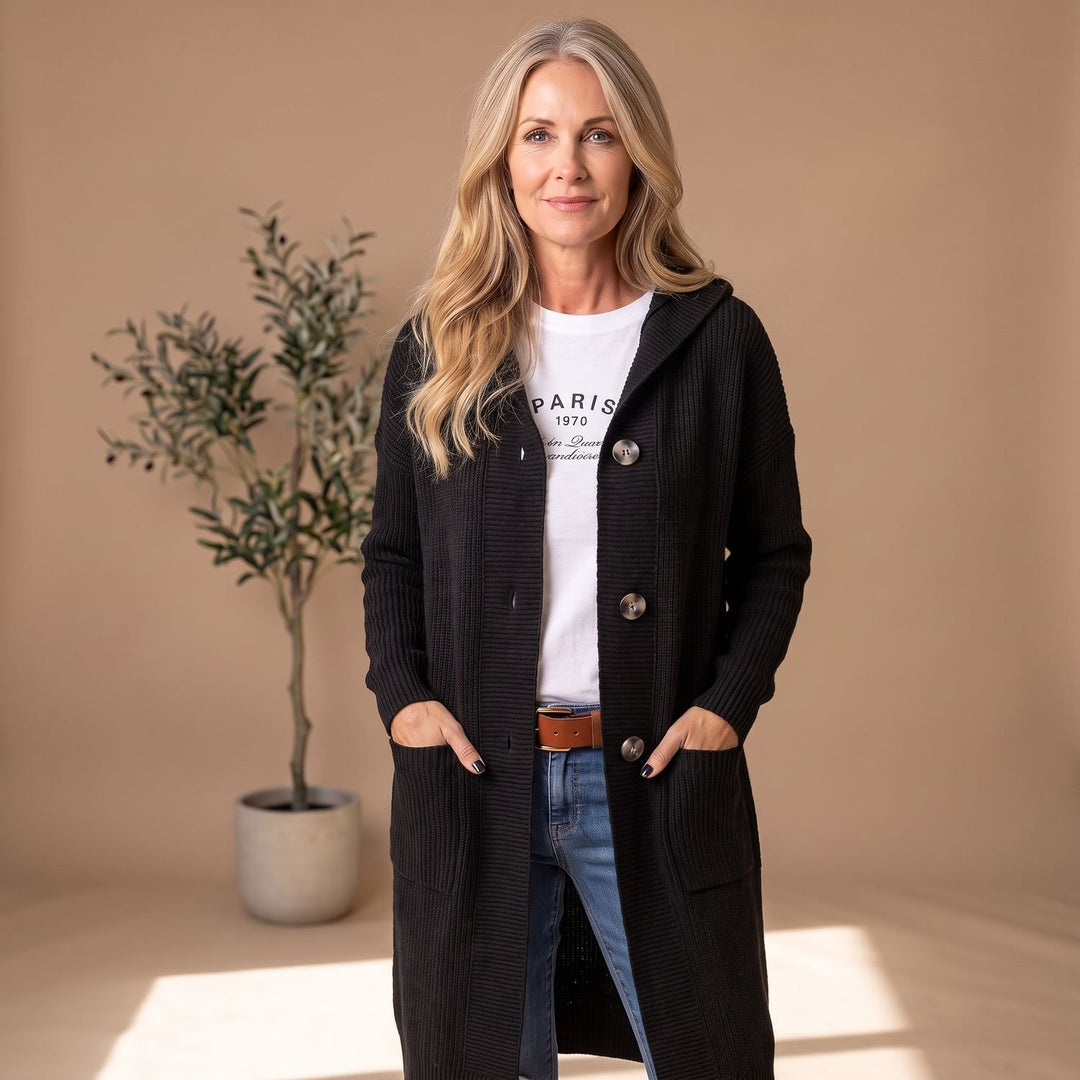 Women's Hooded Button-Front Long Ribbed Knit Cardigan - Black