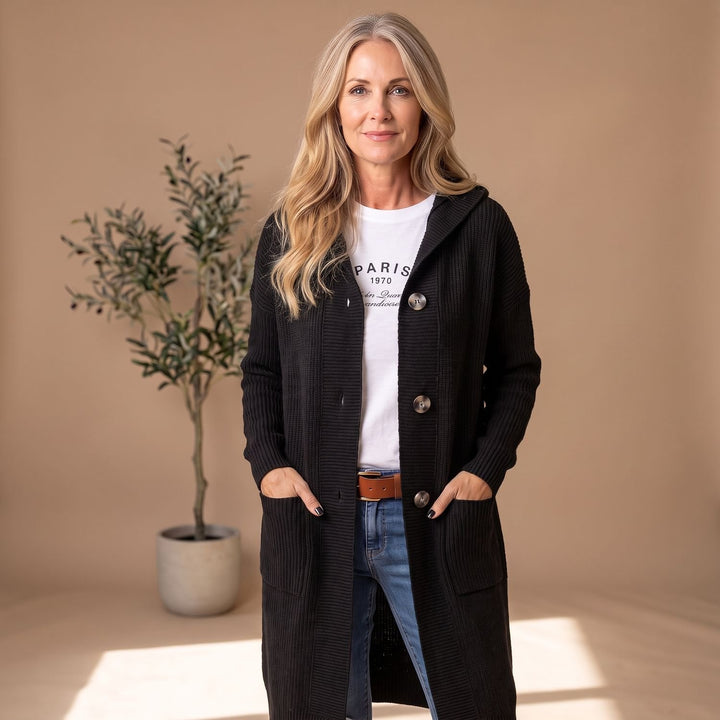 Women's Hooded Button-Front Long Ribbed Knit Cardigan - Black